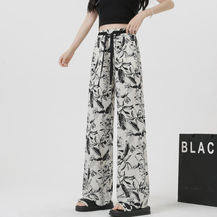 Summer Ink Ice Silk Narrow Version Floral Print Casual Jumpsuit Thin