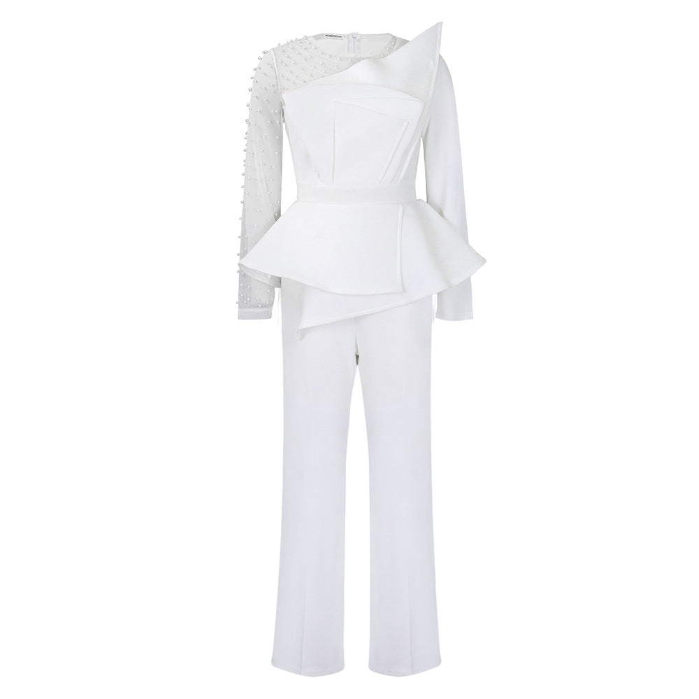 Long Sleeve Jumpsuit with Mesh Splicing and Bead Embellishments for Banquets