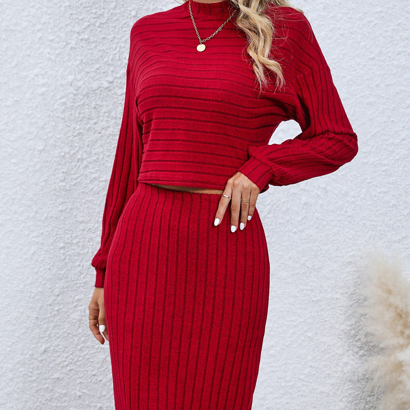 Two-Piece Set with Solid Color Long Sleeve Top and Hip Skirt