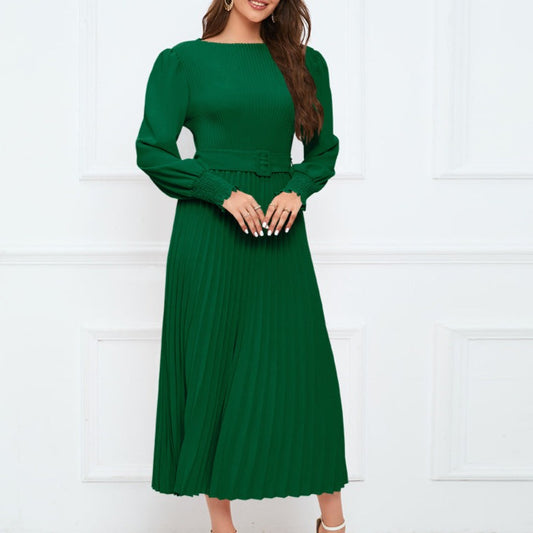 Round Neck Bubble Long Sleeve Pleated A-Line Skirt for Women