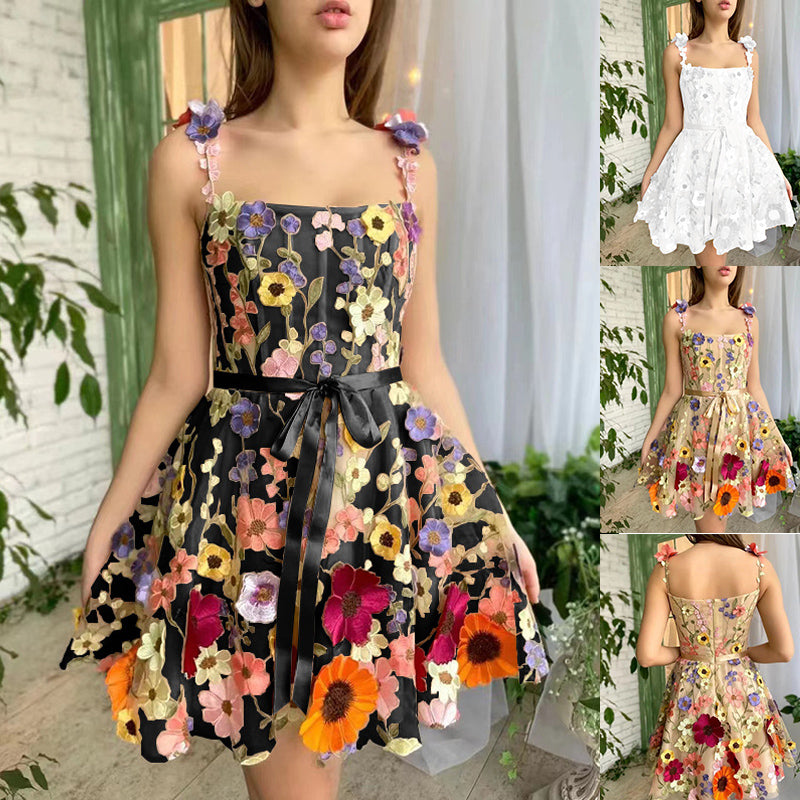 Women's Sweet A-line Suspender Dress with Three-dimensional Flower Embroidery