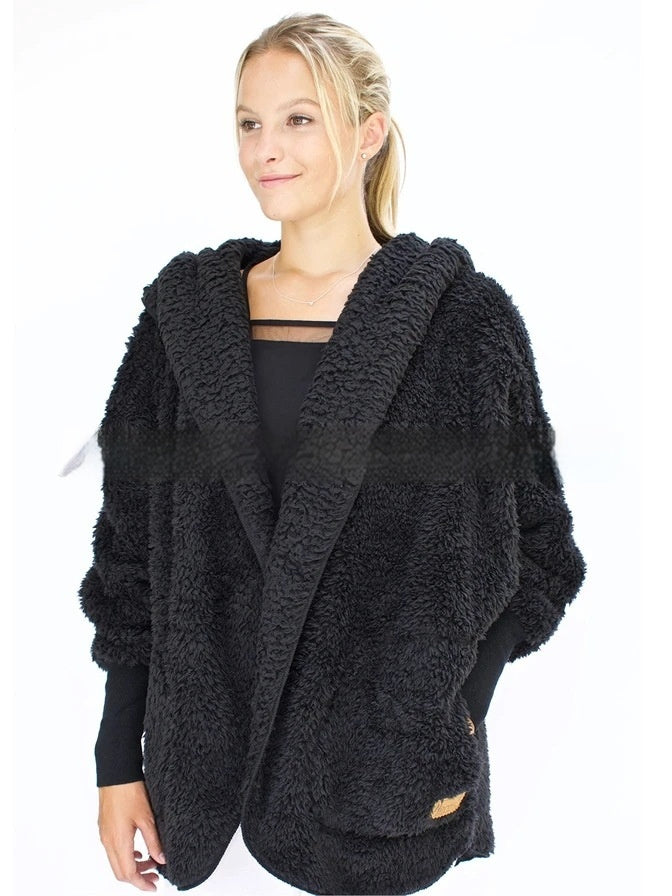 Furry Hooded Cardigan Coat for Women with Pocket Design