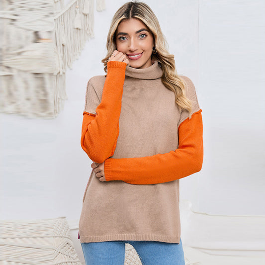 Women's Long Sleeve Color Block Turtleneck Pullover Sweater