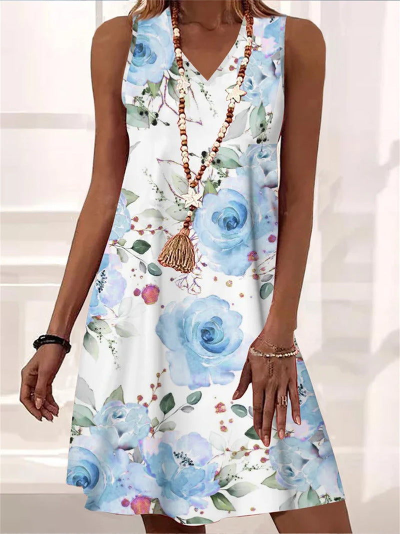 Summer V-neck Sleeveless Beach Dress Floral Print Dress for Women