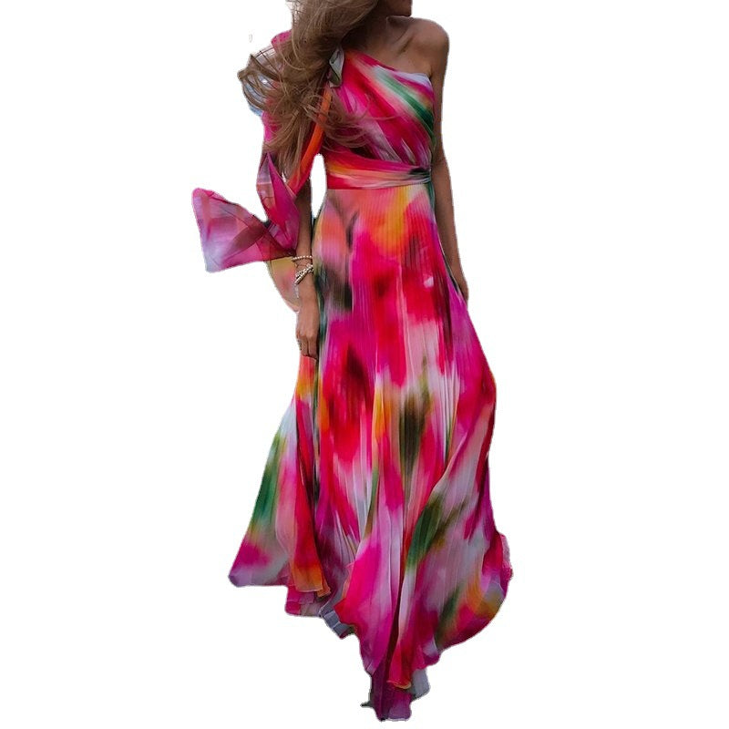 Summer New Fashion Single Room Rainbow Printing Pleat And Waisted Dress