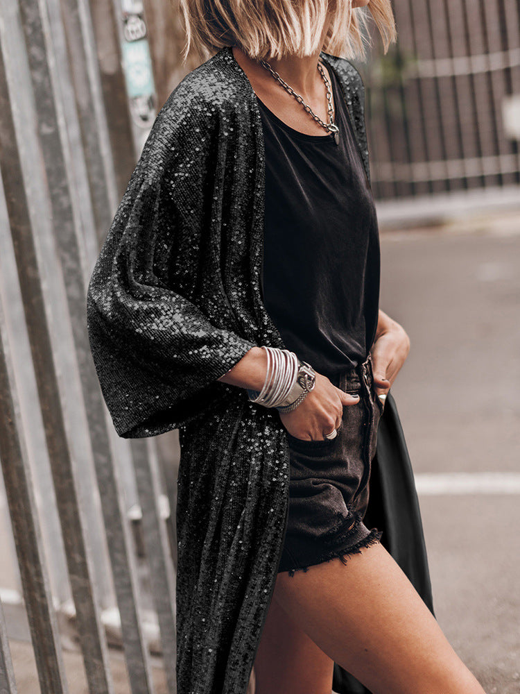 Fashionable Long Beach Cover-up with Sequin Sun Protection Cardigan