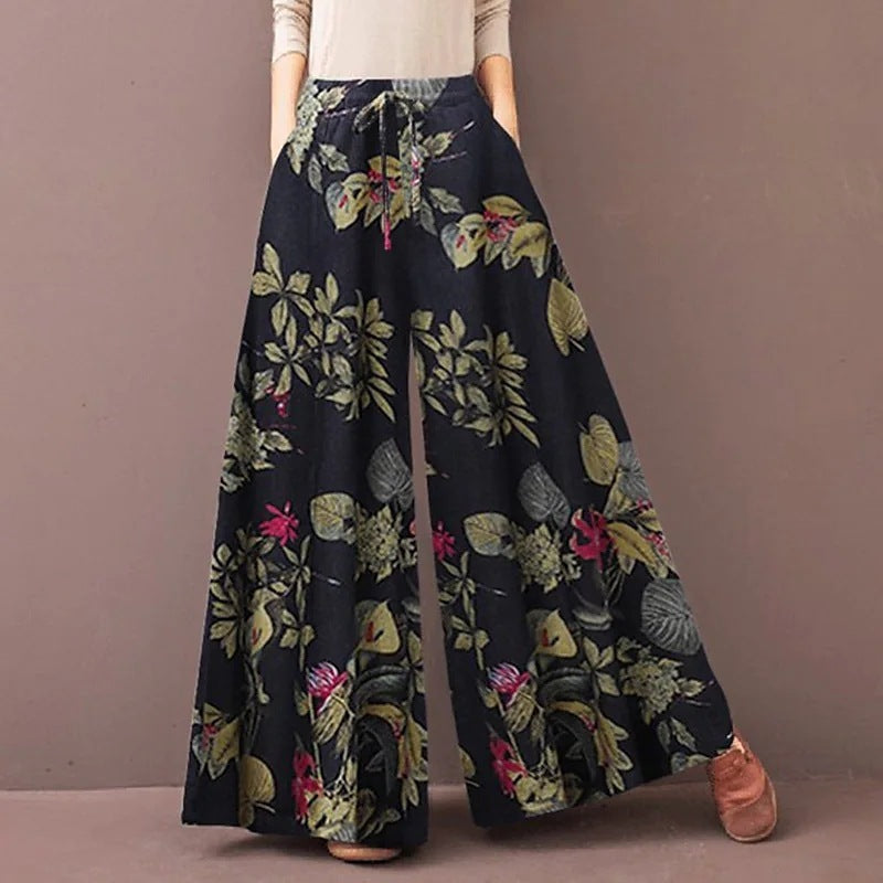 Women's Casual Floral Wide-Leg Pants with Elastic Waist