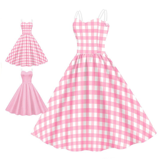 Barbie Digital Print Pink Plaid Dress for Women