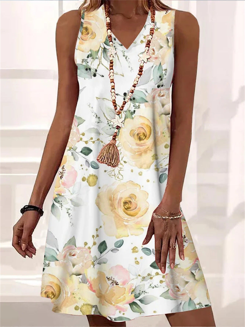 Summer V-neck Sleeveless Beach Dress Floral Print Dress for Women