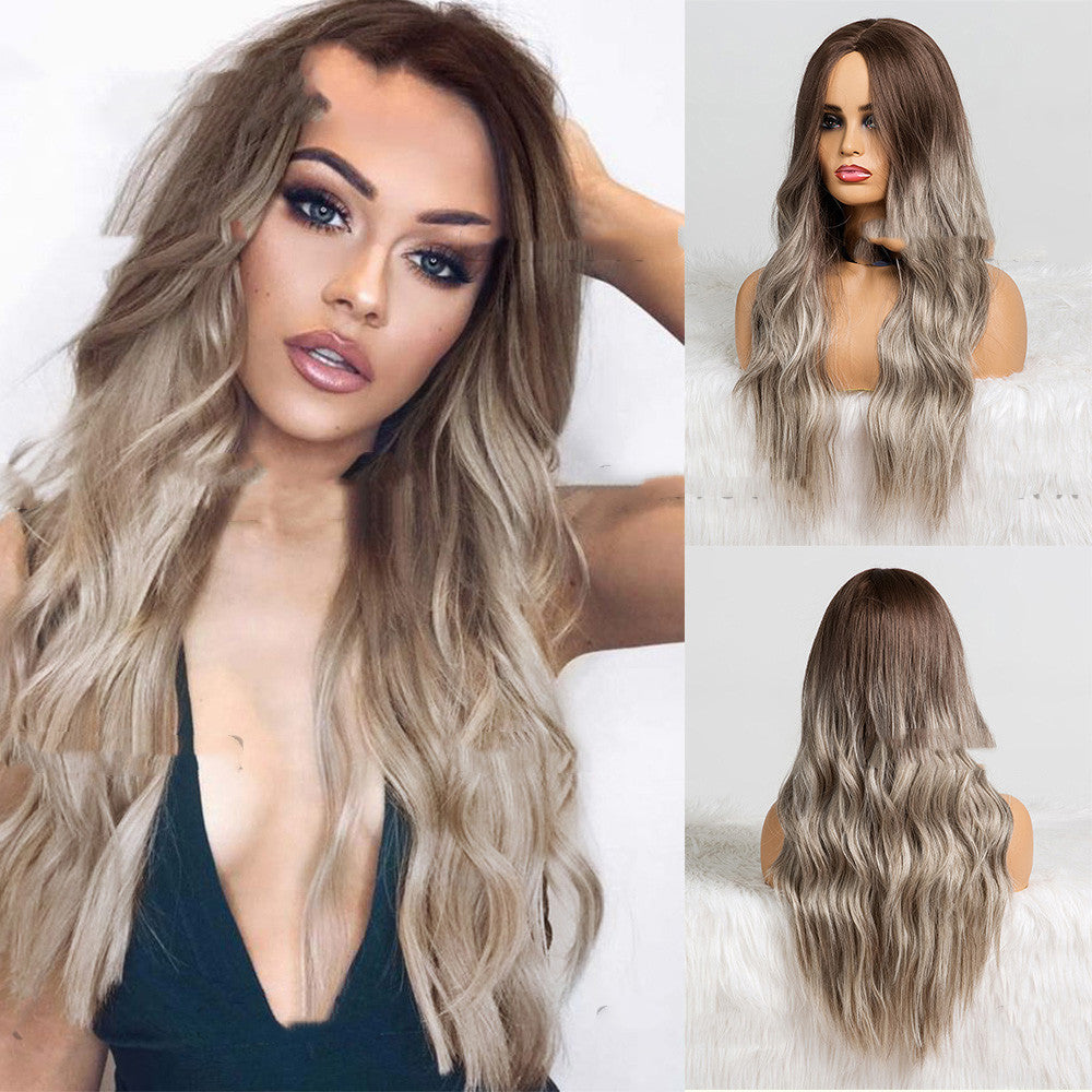 Gray-brown Long Curly Gradient Rose Hair Net Chemical Fiber Wig Headgear