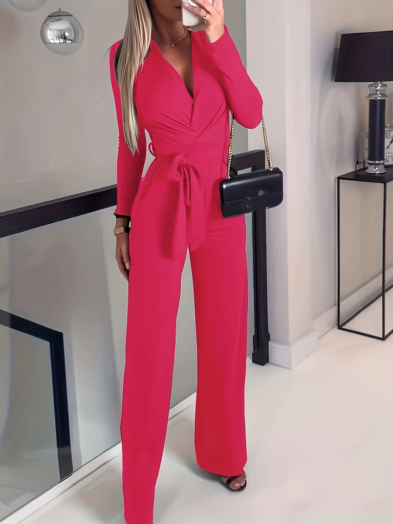 Women's Solid V-neck Bow Tie Waist Slimming Fashionable Jumpsuit