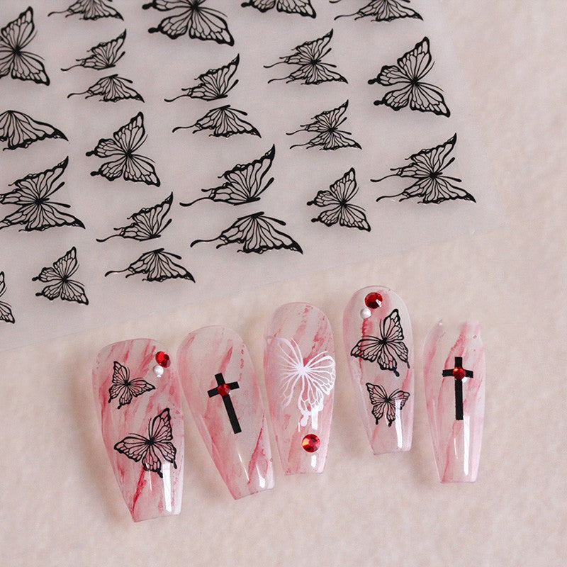 Embossed Black-and-white Butterfly Rose Nail Stickers