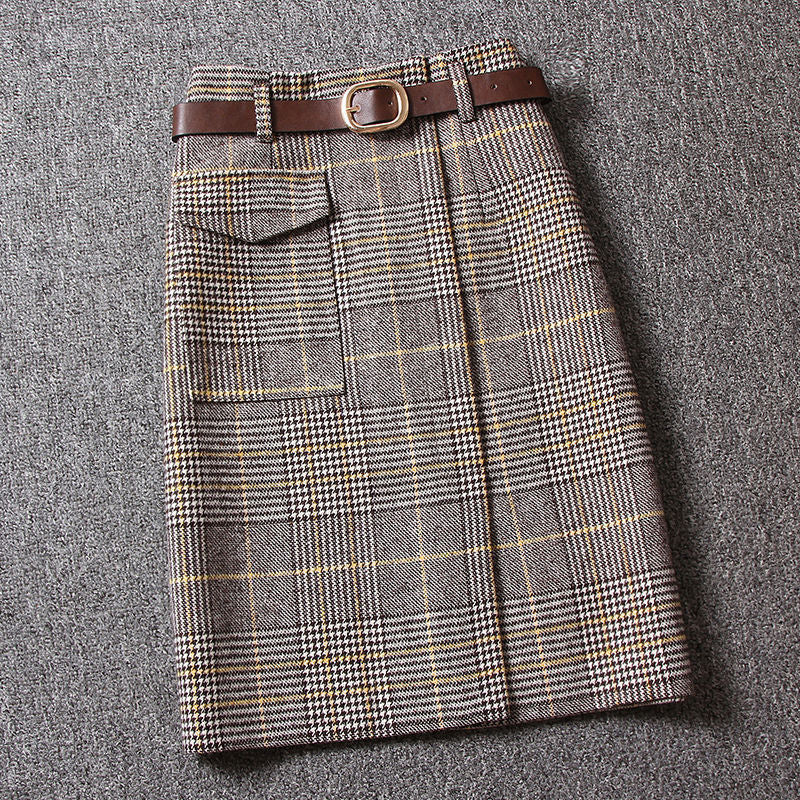 High-Waisted Mid-Length Woolen Plaid Skirt Hip Slit