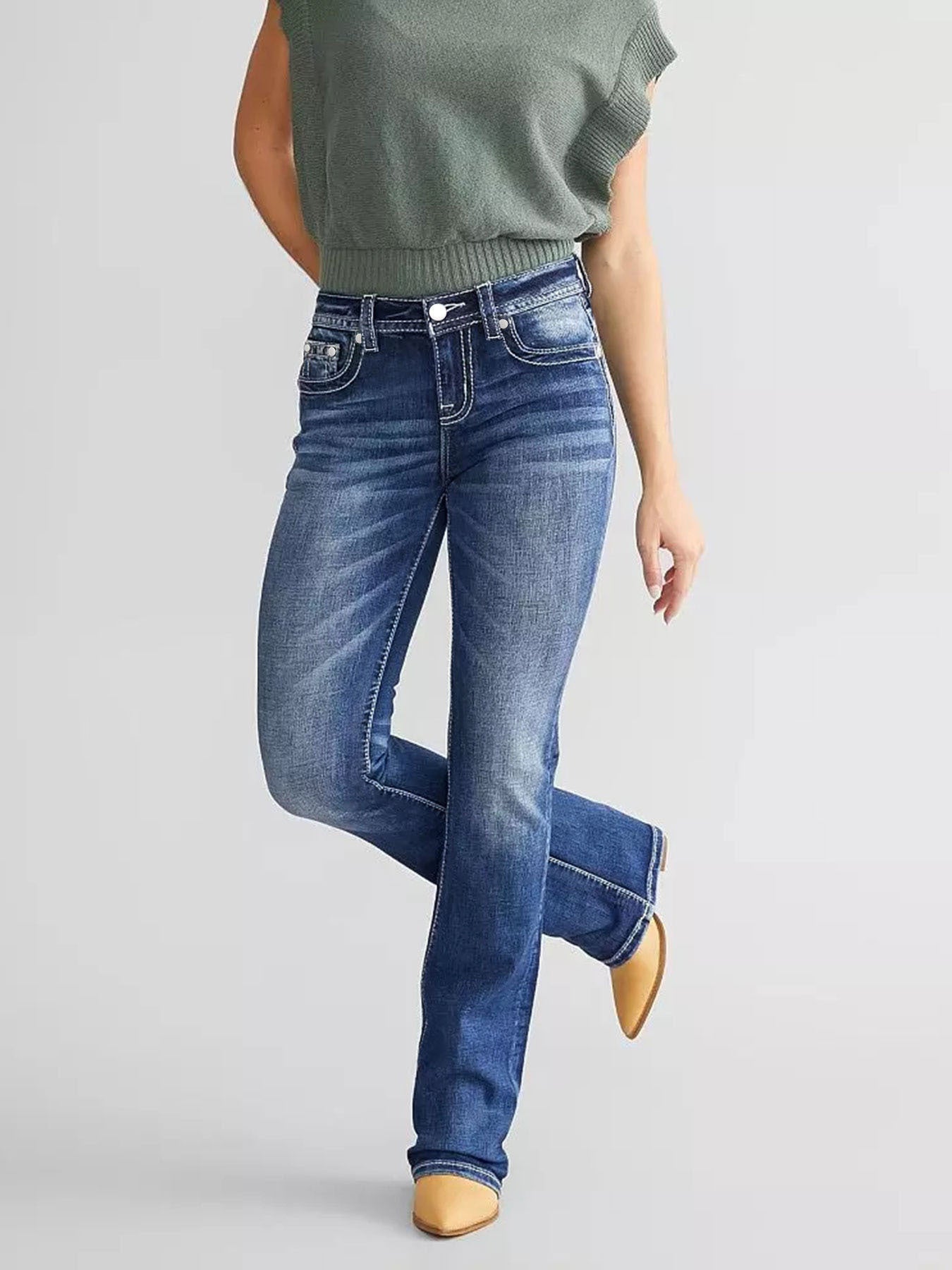 Women's Embroidered Denim Bootcut Trousers - Fashionable and Stylish