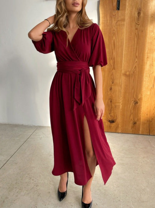 Stylish Women's V-Neck Maxi Dress Lantern Sleeves