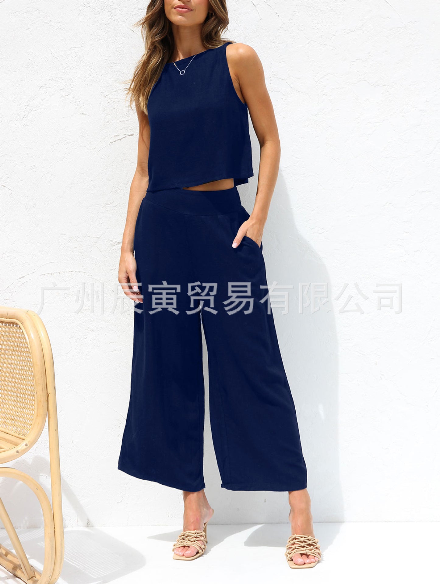 Casual Sleeveless Buckle Vest with Double Pocket Wide Leg Pants Suit