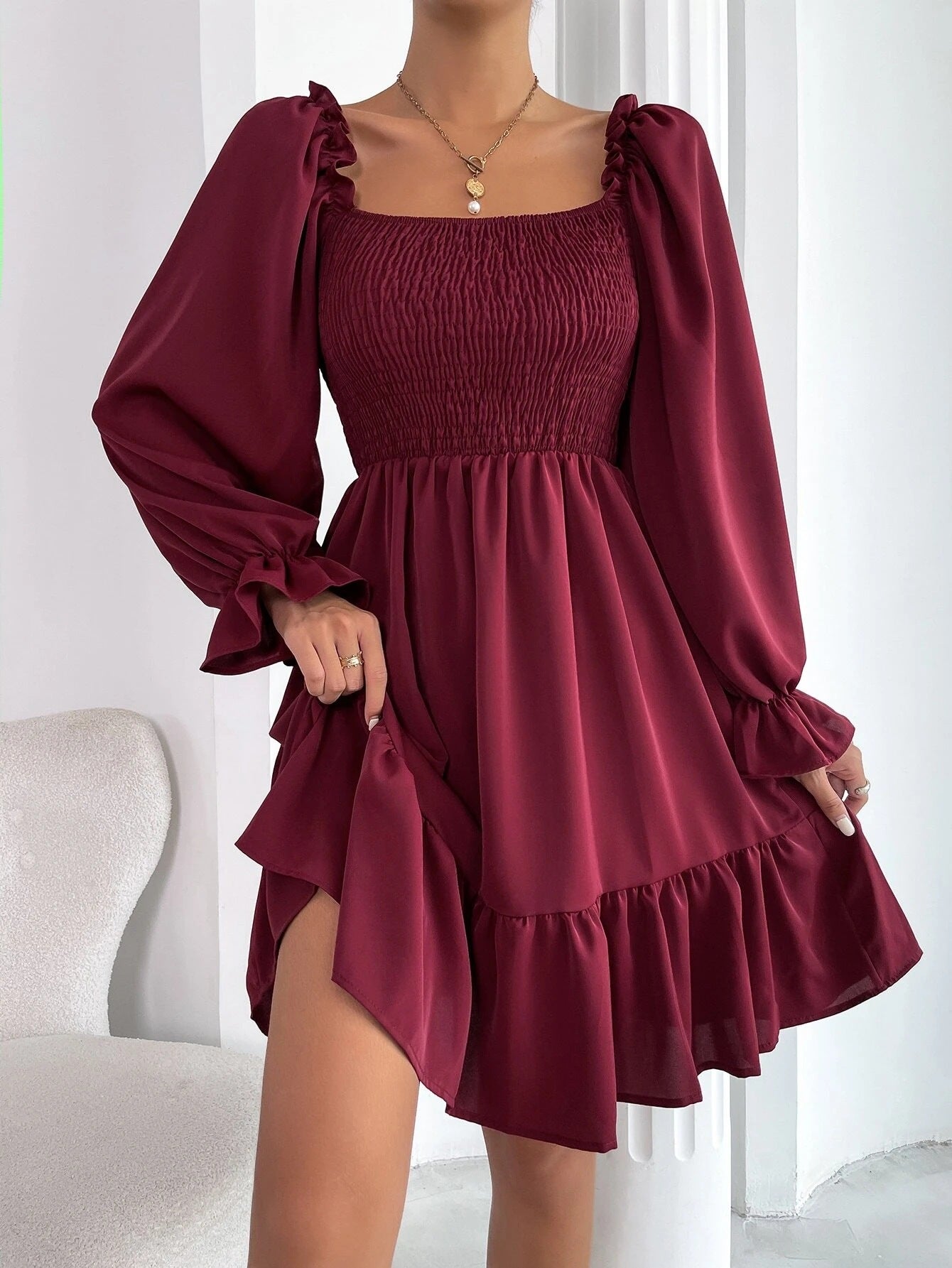 Women's Square Neck Ruffled Swing Dress