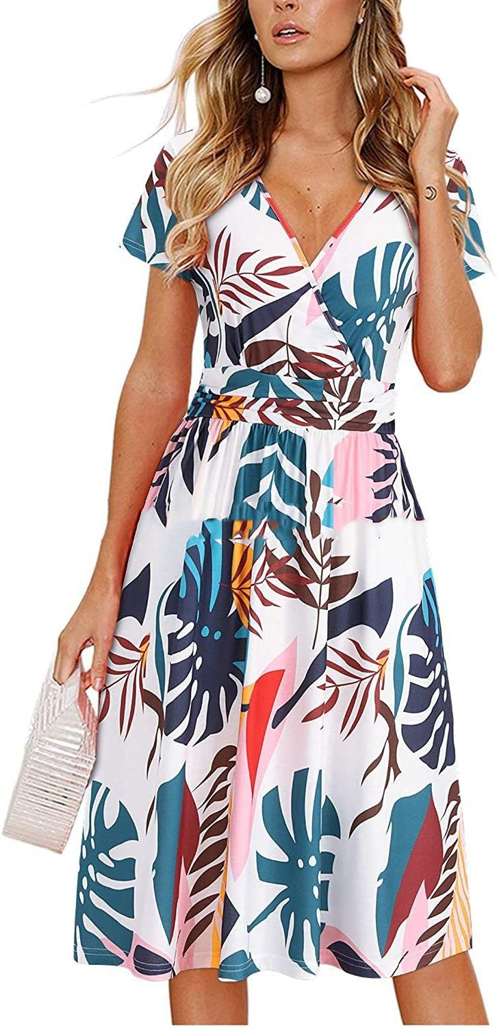 Printed V-neck Wrapped Chest Short Sleeve Pocket Midi Dress