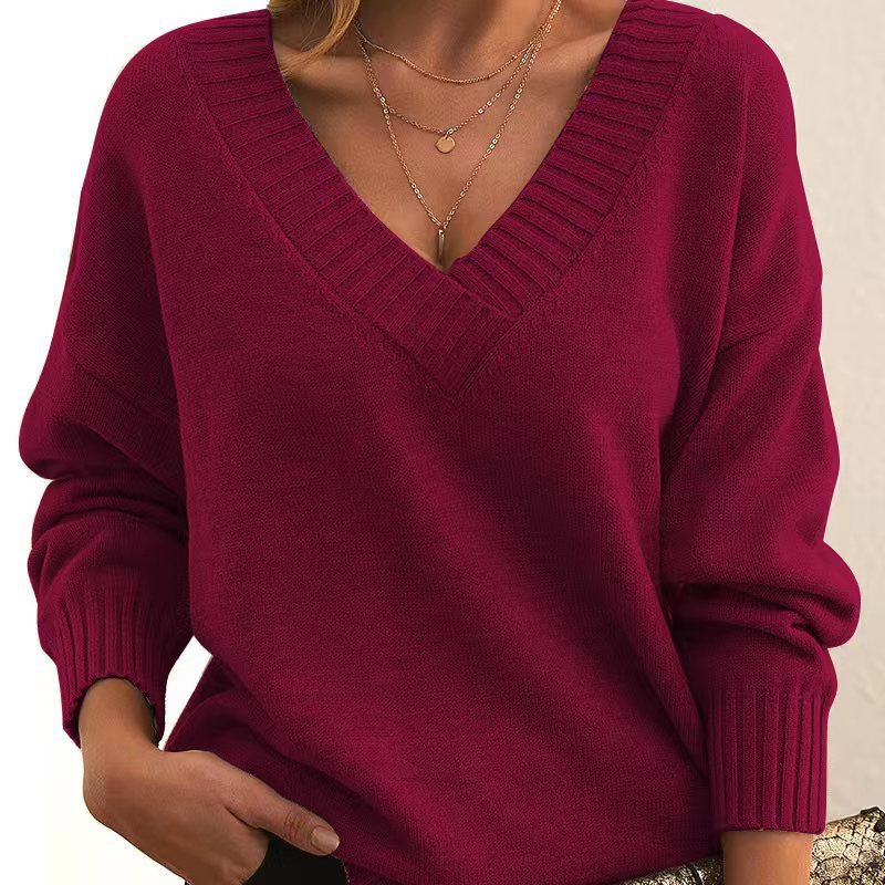 New Knitted Loose V-neck Pullover Top for Women