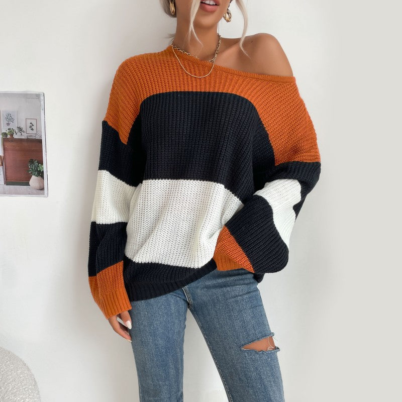 womens clothing striped contrast color knitwear round neck loose sweater