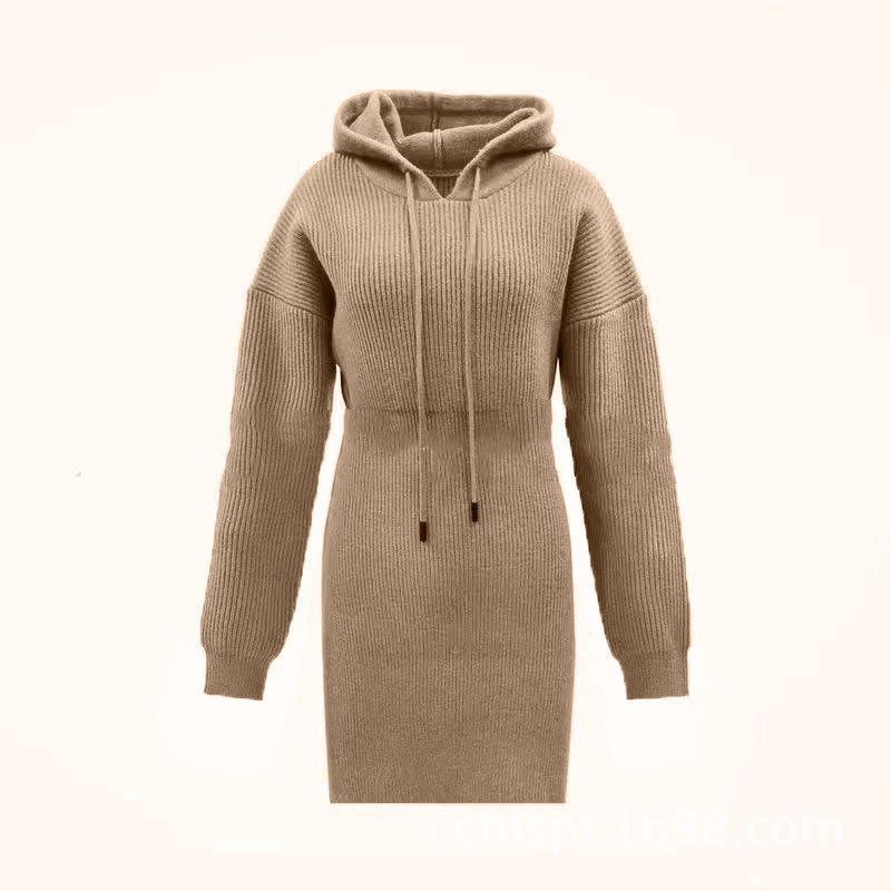 Polyester Casual Dress Solid Color Mid-length Hooded Cinched Waist Pullover Knitted Hip Skirt