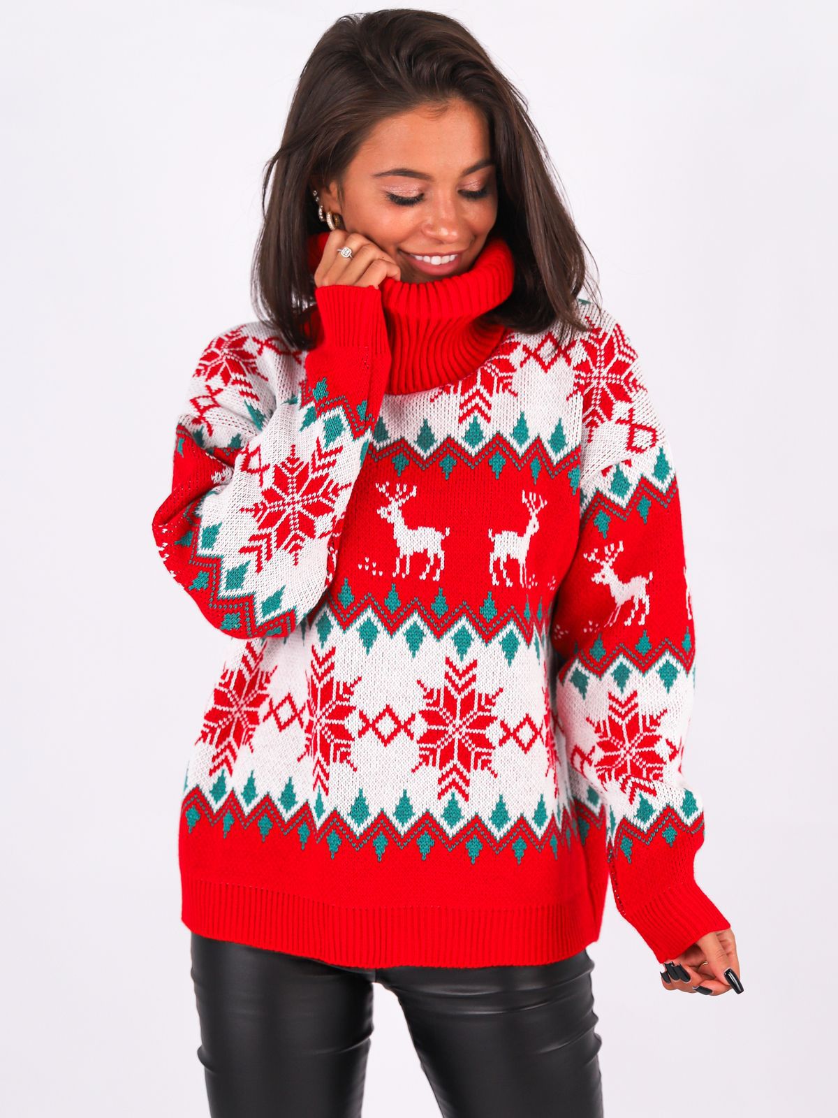 Women's Christmas Reindeer Xmas Snowflake Patterns Turtleneck Knitted Sweater