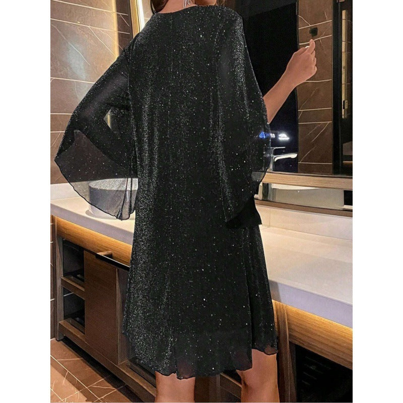 V-neck Half Sleeve Shiny Loose Waist Dress for Women