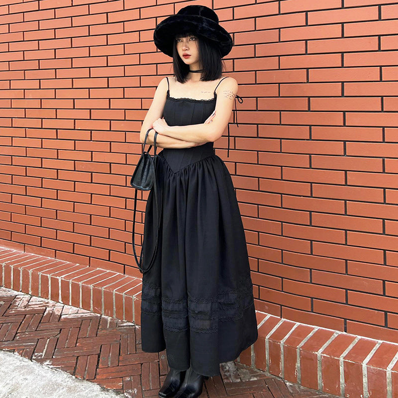 American Lace-up Bow Collar Solid Color Graceful Slip Dress Women