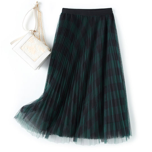 Spring High Waist Mid-length Pleated Skirt Mesh Skirt