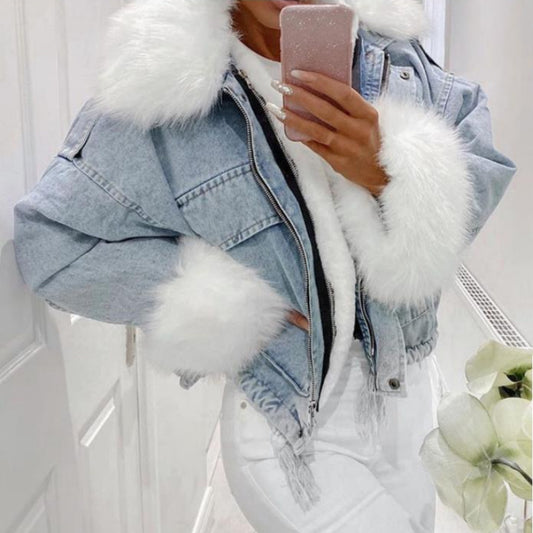 Washed White Short Denim Jacket with Integrated Fur