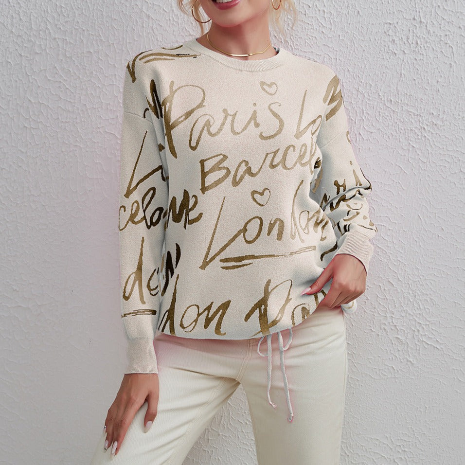 Knitted Sweater with Street-Style Letters for Women