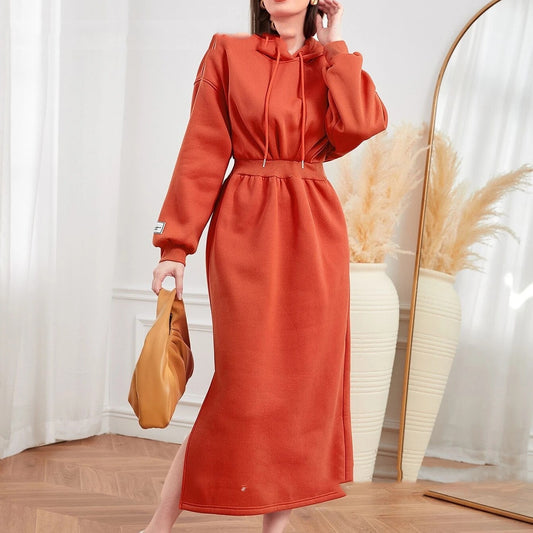 Women's Slit Drawstring Mid-length Sweater Dress