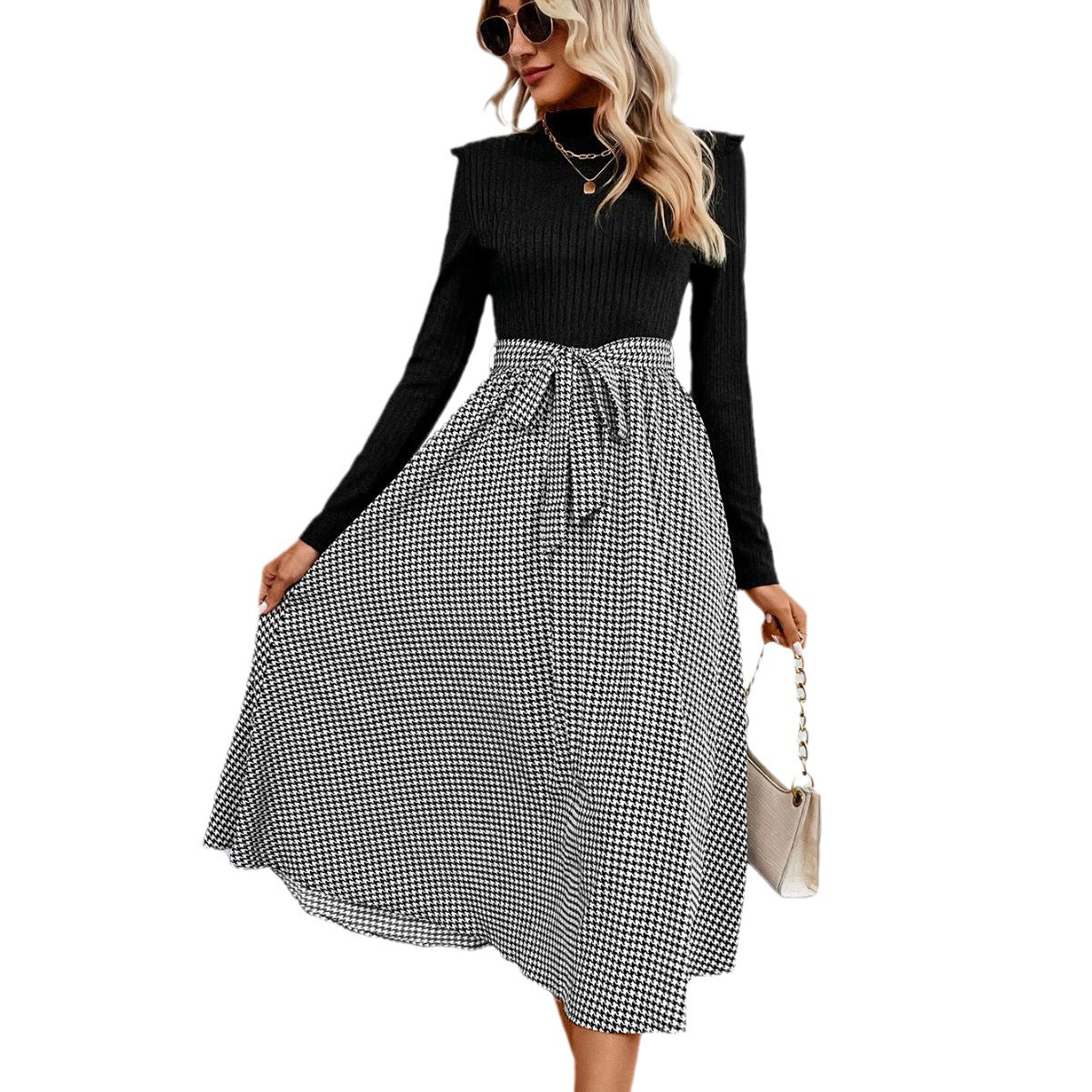 High Collar Long Sleeve High Waist Slimming Dress