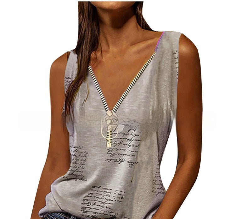 Women's V-neck Zipper Pullover Print Vest
