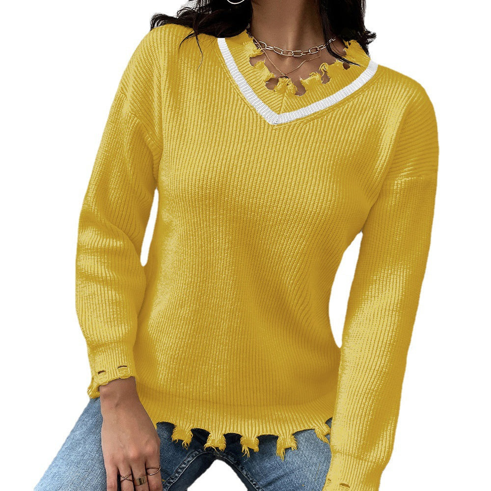 V-neck Solid Color Loose-fitting Women's Knitwear Sweater