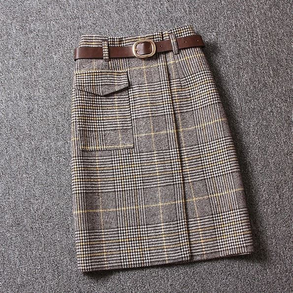 High-Waisted Mid-Length Woolen Plaid Skirt Hip Slit