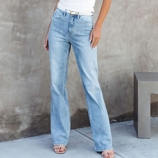 Fashionable Mid-Waist Denim Straight-Leg Trousers with a Washed Finish Versatile Styling