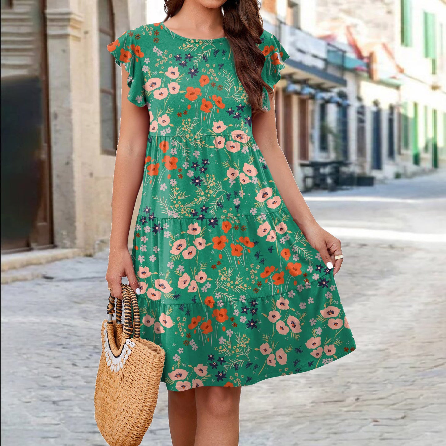 Summer Ruffle Sleeve Flower Print Dress for Women