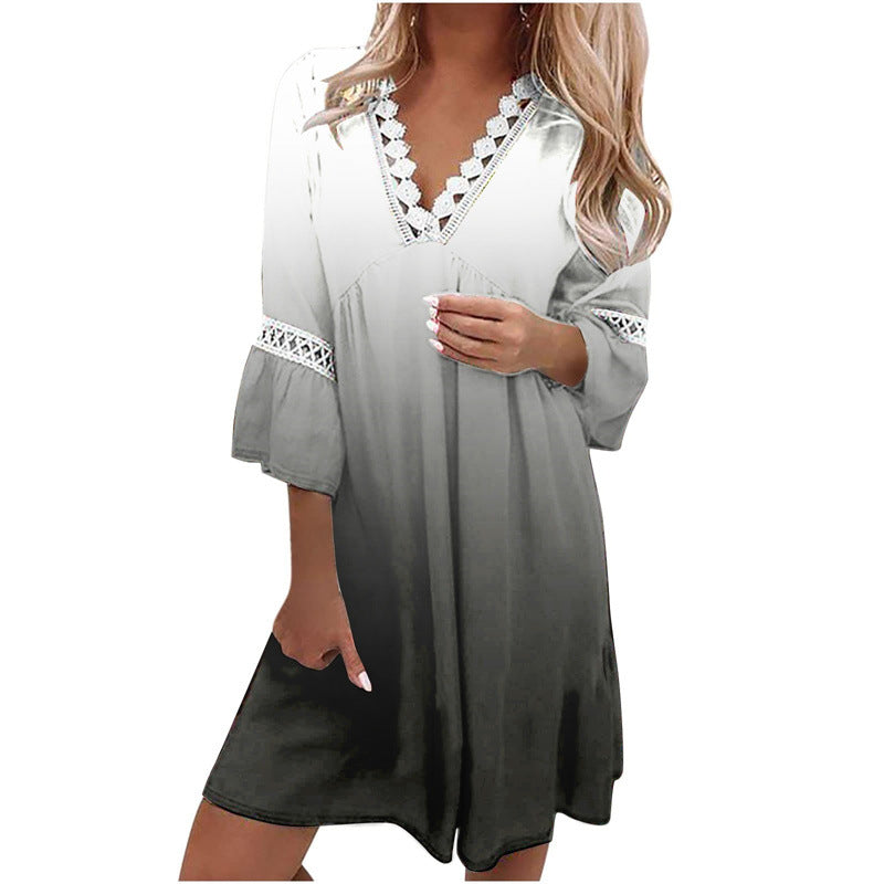 Women's Lace V-neck Patchwork Loose Casual Dress