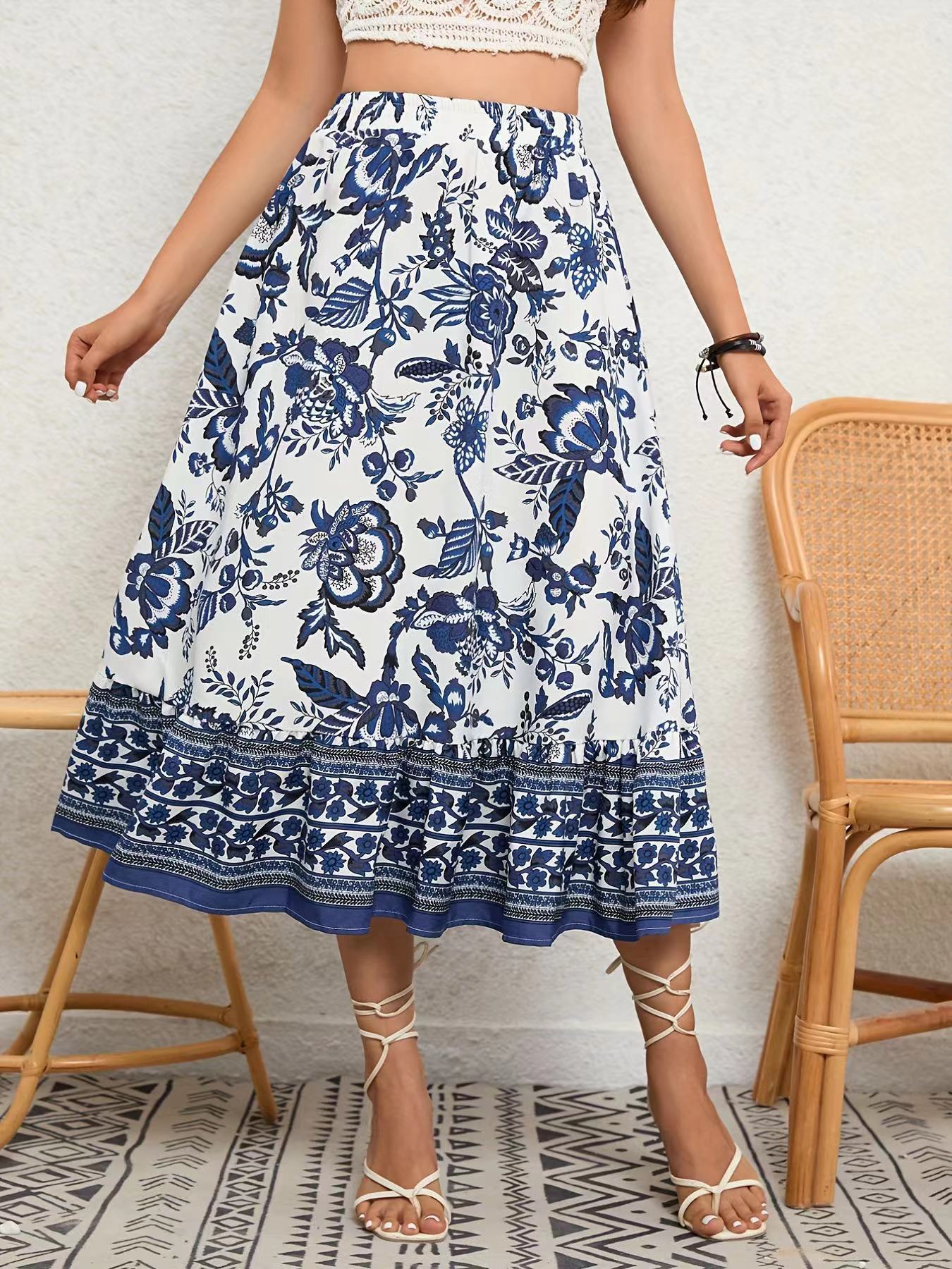 A-Line Skirt with Bohemian Blue and White Porcelain Print