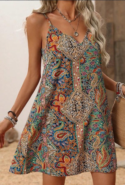 Bohemian V-Neck Spaghetti Strap Backless A-Line Dress with Prints