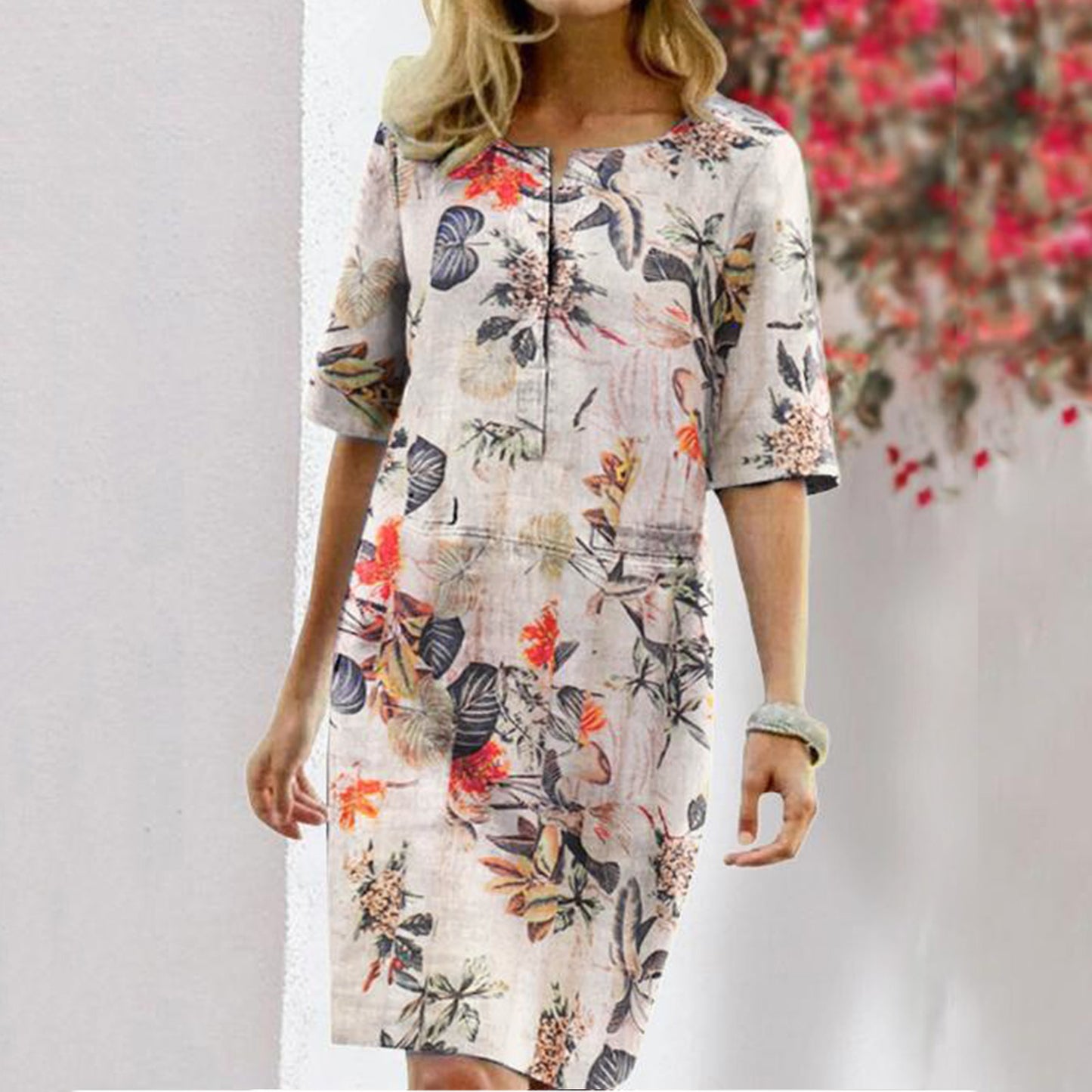 Vintage Summer Dress for Women with Floral Leaf Print, Slit, Round Neck, and Half Sleeves