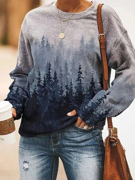 Women's Landscape Floral Print Long Sleeve Pullover