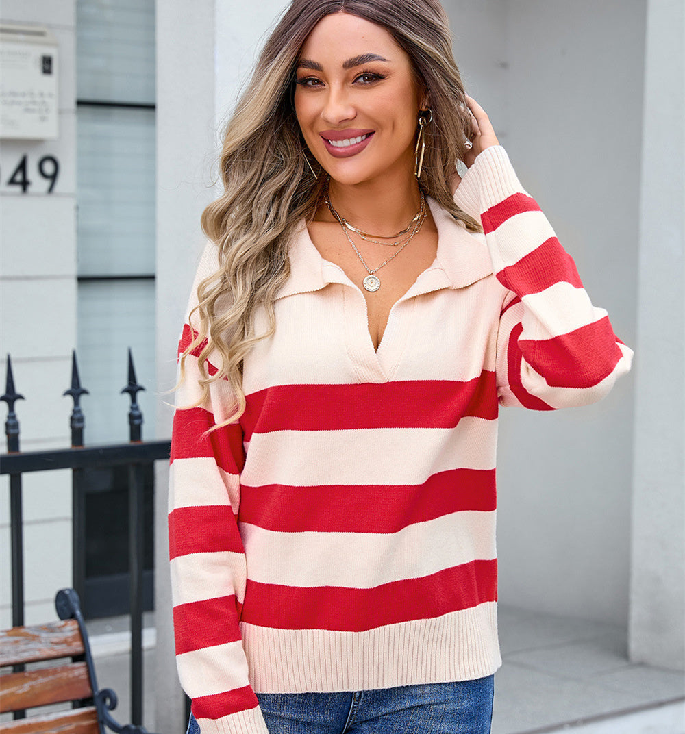 Women's Striped Sweater with Polo Collar Stitching