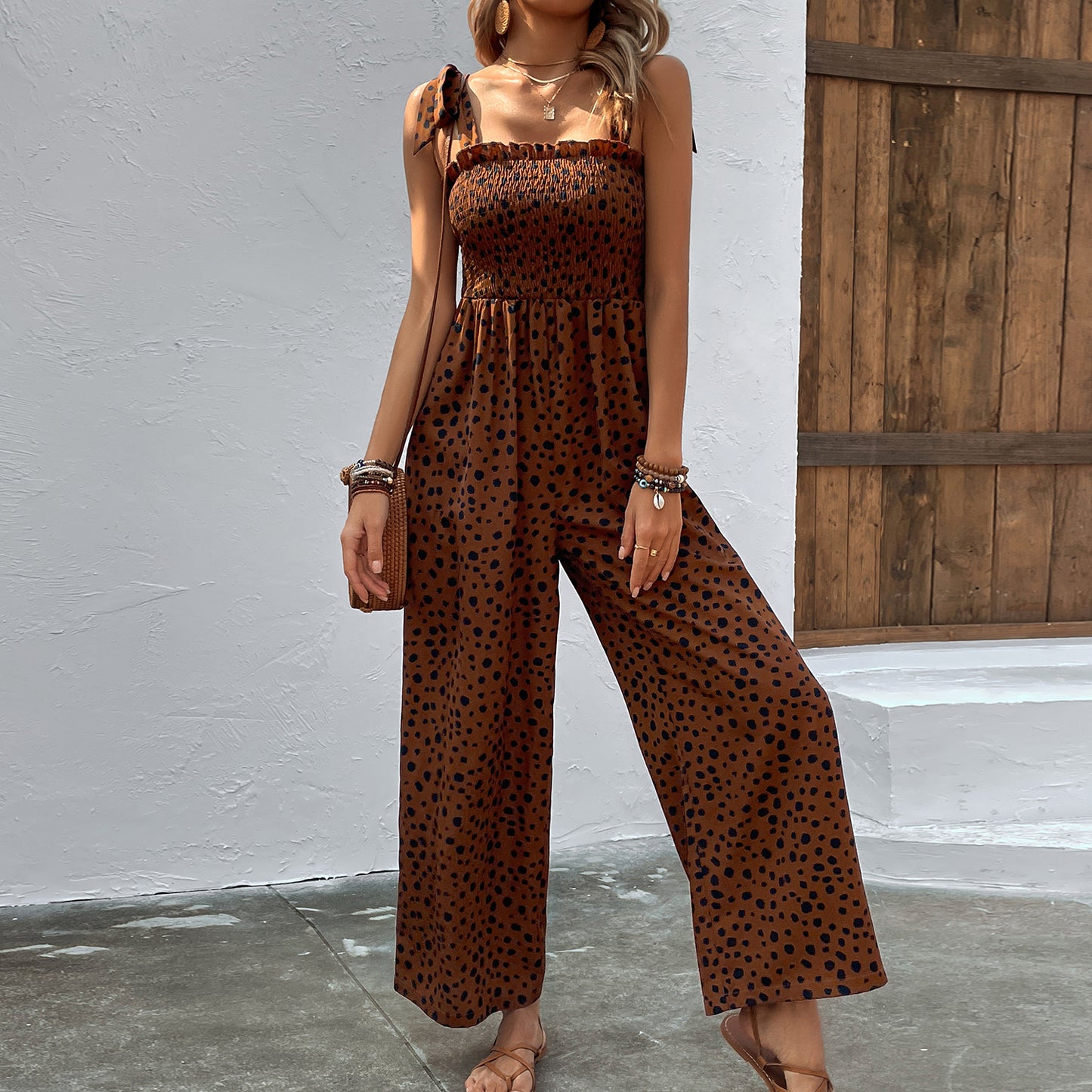 European and American Style Polka Dot Print Jumpsuit with Waist-Slimming Pocket Design