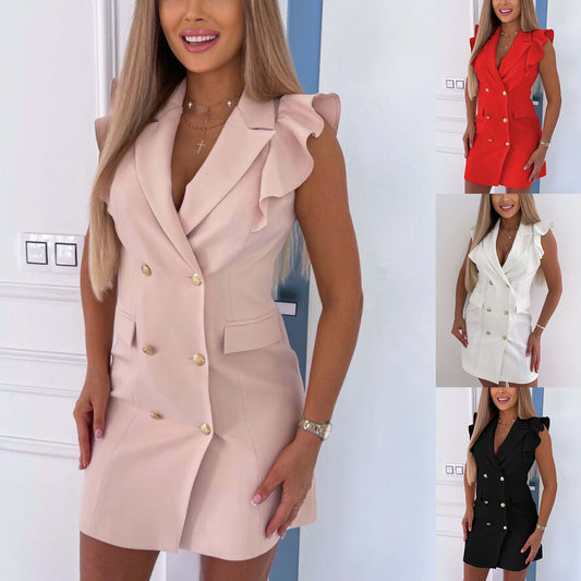 Double-Breasted Sleeveless Suit Collar Solid Color Dress for Commuter Style