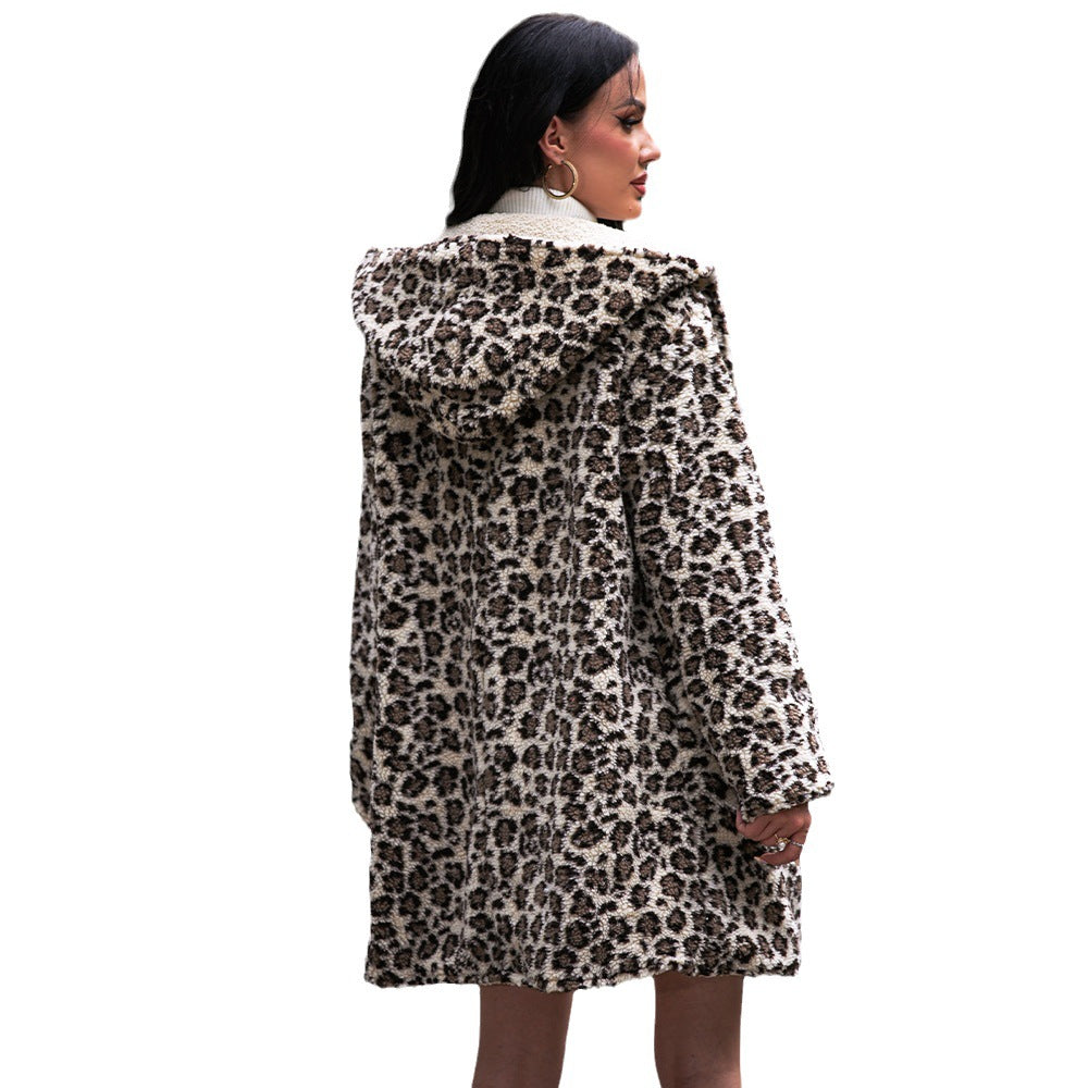 European And American Hooded Plush Top Leopard Fashion Brand Fleece Padded Coat