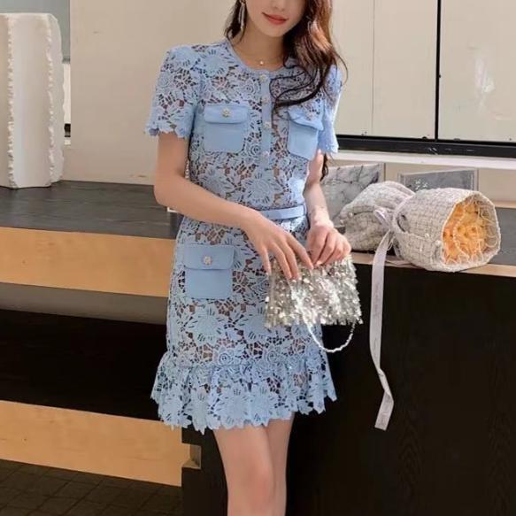 Elegant Light Blue French Socialite Round Neck Lace Short Sleeve Dress