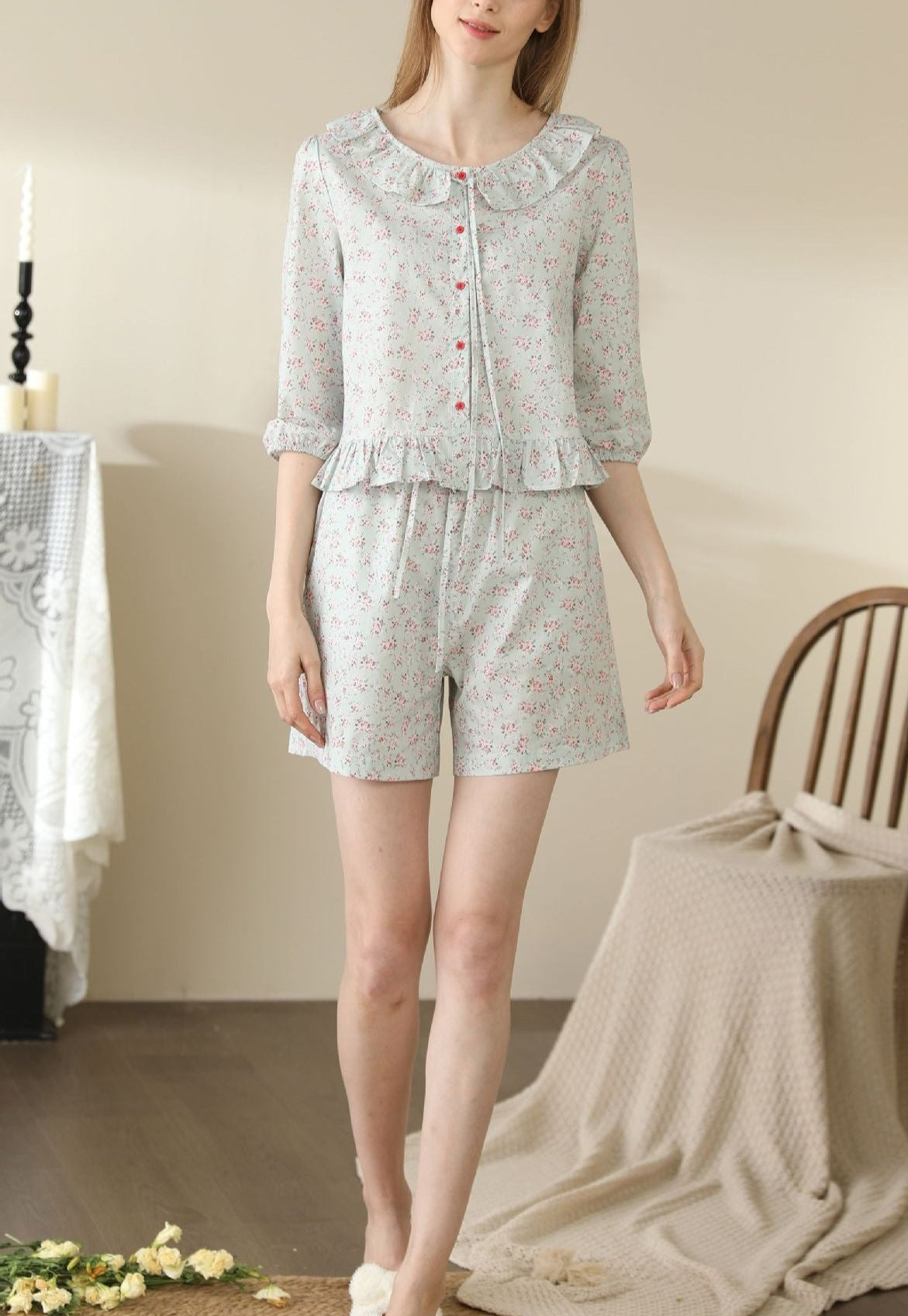 Floral Cardigan Pajama Set Lace Collar