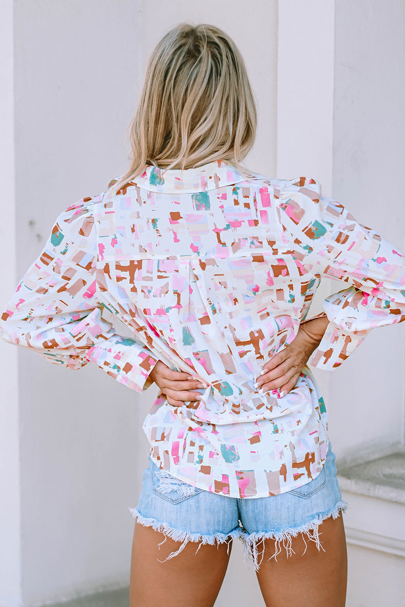 Color Stitching Turnover Neck Shirt Loose Abstract Printing